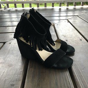 Matiko Black Suede Fringe Ankle Block Heel Sandals